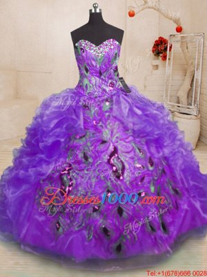 Purple Organza Zipper Quinceanera Gowns Sleeveless Floor Length Beading and Appliques and Ruffles