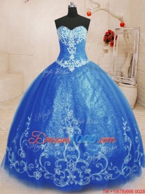 Sleeveless Tulle Floor Length Lace Up Quinceanera Gowns in Blue for with Beading and Appliques