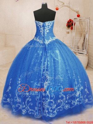 Sleeveless Tulle Floor Length Lace Up Quinceanera Gowns in Blue for with Beading and Appliques