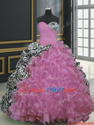 Stunning Printed Beading and Ruffles and Pattern Quinceanera Dress Rose Pink Lace Up Sleeveless With Brush Train