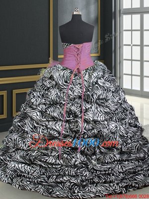 Stunning Printed Beading and Ruffles and Pattern Quinceanera Dress Rose Pink Lace Up Sleeveless With Brush Train