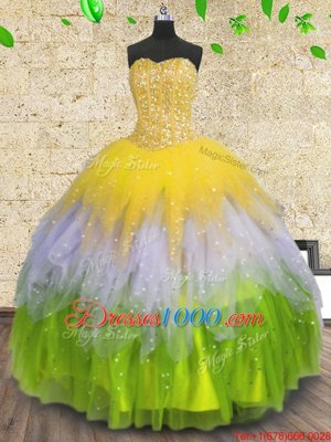Gorgeous Multi-color Sleeveless Floor Length Beading and Ruffles and Sequins Lace Up Ball Gown Prom Dress