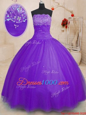 Beautiful Purple Sleeveless Floor Length Beading Lace Up Sweet 16 Dress