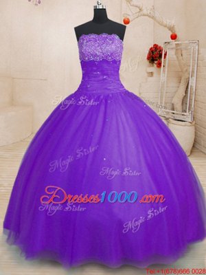 Beautiful Purple Sleeveless Floor Length Beading Lace Up Sweet 16 Dress
