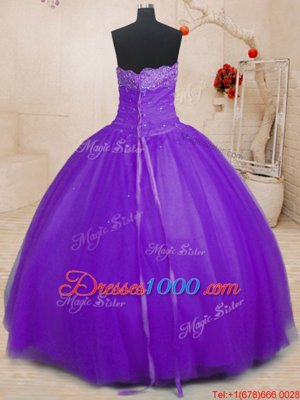 Beautiful Purple Sleeveless Floor Length Beading Lace Up Sweet 16 Dress