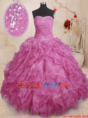 Glamorous Fuchsia Organza Lace Up Strapless Sleeveless Floor Length 15 Quinceanera Dress Beading and Ruffles and Ruching