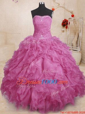 Glamorous Fuchsia Organza Lace Up Strapless Sleeveless Floor Length 15 Quinceanera Dress Beading and Ruffles and Ruching