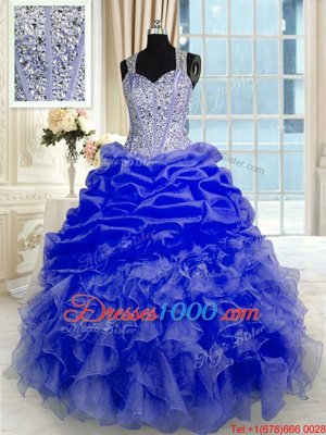 Elegant Straps Sleeveless Ball Gown Prom Dress Floor Length Beading and Ruffles Blue Organza