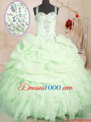 Stylish Organza Straps Sleeveless Zipper Beading and Ruffles and Pick Ups Quinceanera Dresses in Yellow Green