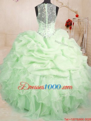 Stylish Organza Straps Sleeveless Zipper Beading and Ruffles and Pick Ups Quinceanera Dresses in Yellow Green