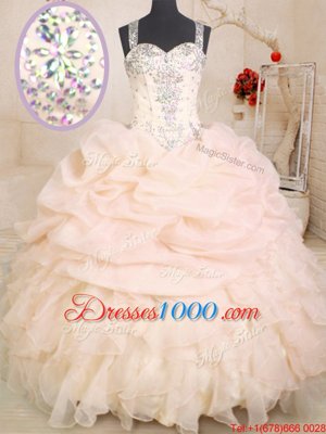 Spectacular Pink Organza Zipper Straps Sleeveless Floor Length Quince Ball Gowns Beading and Ruffles and Pick Ups