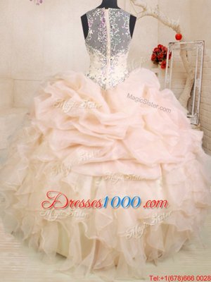 Spectacular Pink Organza Zipper Straps Sleeveless Floor Length Quince Ball Gowns Beading and Ruffles and Pick Ups