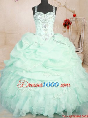 Sleeveless Floor Length Beading and Ruffles and Pick Ups Zipper Ball Gown Prom Dress with Apple Green