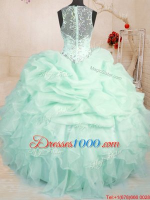 Sleeveless Floor Length Beading and Ruffles and Pick Ups Zipper Ball Gown Prom Dress with Apple Green
