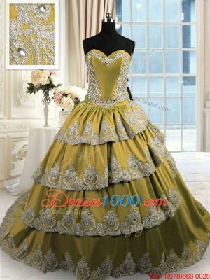 Luxurious Ruffled With Train Olive Green Quince Ball Gowns Sweetheart Sleeveless Lace Up