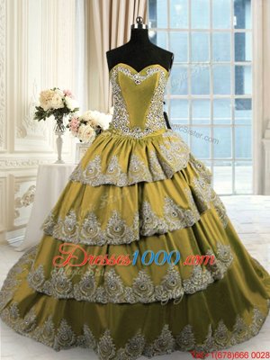 Luxurious Ruffled With Train Olive Green Quince Ball Gowns Sweetheart Sleeveless Lace Up