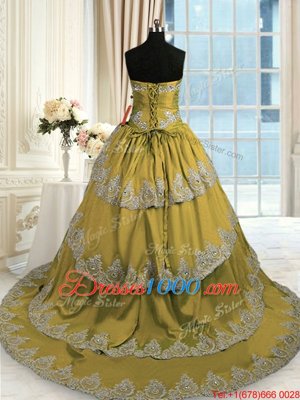 Luxurious Ruffled With Train Olive Green Quince Ball Gowns Sweetheart Sleeveless Lace Up