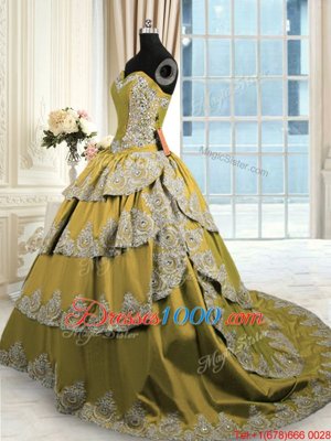 Luxurious Ruffled With Train Olive Green Quince Ball Gowns Sweetheart Sleeveless Lace Up