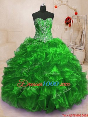 Unique Sweetheart Sleeveless Organza Quinceanera Dress Beading and Ruffles Sweep Train Lace Up