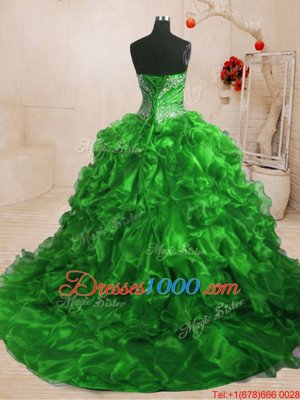 Unique Sweetheart Sleeveless Organza Quinceanera Dress Beading and Ruffles Sweep Train Lace Up