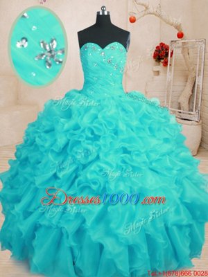 Adorable Beading and Ruffles Sweet 16 Dress Aqua Blue Lace Up Sleeveless Floor Length