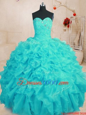 Adorable Beading and Ruffles Sweet 16 Dress Aqua Blue Lace Up Sleeveless Floor Length