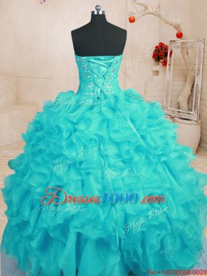 Adorable Beading and Ruffles Sweet 16 Dress Aqua Blue Lace Up Sleeveless Floor Length