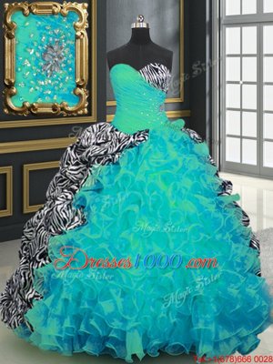 Custom Fit Brush Train Ball Gowns 15 Quinceanera Dress Aqua Blue Sweetheart Organza and Printed Sleeveless With Train Lace Up