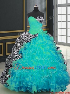 Custom Fit Brush Train Ball Gowns 15 Quinceanera Dress Aqua Blue Sweetheart Organza and Printed Sleeveless With Train Lace Up