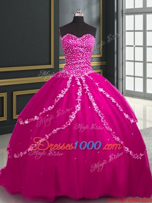 High Quality With Train Lace Up Sweet 16 Dresses Fuchsia and In for Military Ball and Sweet 16 and Quinceanera with Beading and Appliques Brush Train