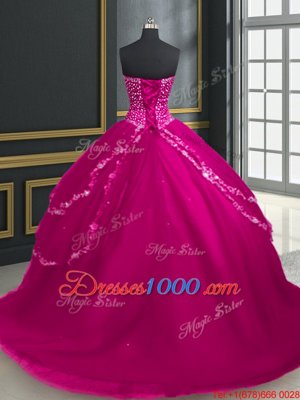 High Quality With Train Lace Up Sweet 16 Dresses Fuchsia and In for Military Ball and Sweet 16 and Quinceanera with Beading and Appliques Brush Train