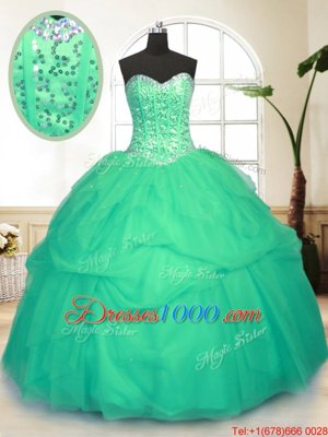Green Sleeveless Sequins and Pick Ups Floor Length Quinceanera Gown
