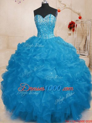 Floor Length Lace Up 15th Birthday Dress Blue and In for Military Ball and Sweet 16 and Quinceanera with Beading and Ruffles