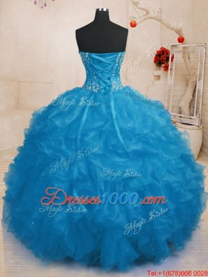 Floor Length Lace Up 15th Birthday Dress Blue and In for Military Ball and Sweet 16 and Quinceanera with Beading and Ruffles