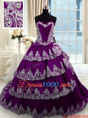 With Train Lace Up Quinceanera Gown Purple and In for Military Ball and Sweet 16 and Quinceanera with Beading and Appliques and Ruffled Layers Court Train