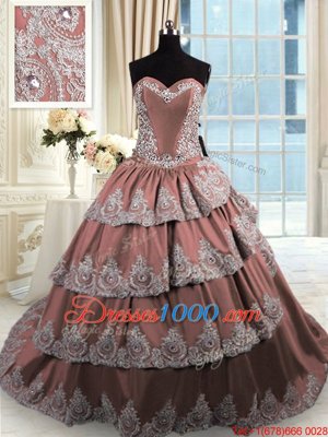 Taffeta Sweetheart Sleeveless Court Train Lace Up Beading and Appliques and Ruffled Layers Sweet 16 Dress in Brown
