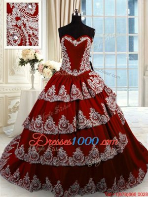Sumptuous Sleeveless With Train Beading and Appliques and Ruffled Layers Lace Up Quinceanera Dresses with Wine Red Court Train