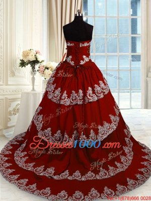Sumptuous Sleeveless With Train Beading and Appliques and Ruffled Layers Lace Up Quinceanera Dresses with Wine Red Court Train