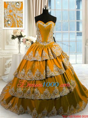 Smart Sleeveless With Train Beading and Appliques and Ruffled Layers Lace Up Quince Ball Gowns with Brown Court Train