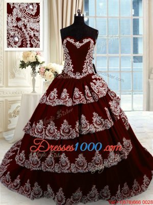 Ruffled Wine Red Sleeveless Taffeta Court Train Lace Up Quinceanera Dress for Military Ball and Sweet 16 and Quinceanera