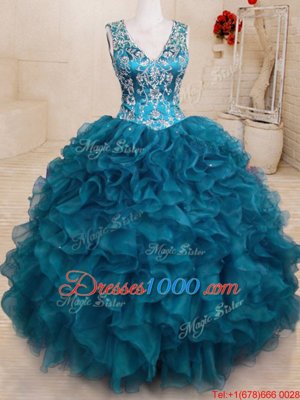 Pretty Teal Organza Backless V-neck Sleeveless Floor Length Vestidos de Quinceanera Beading and Embroidery and Ruffles