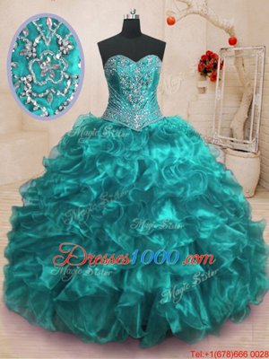 Discount With Train Teal Sweet 16 Dresses Organza Sweep Train Sleeveless Beading and Ruffles