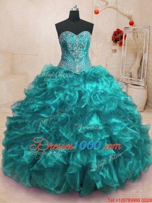 Discount With Train Teal Sweet 16 Dresses Organza Sweep Train Sleeveless Beading and Ruffles