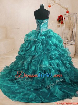 Discount With Train Teal Sweet 16 Dresses Organza Sweep Train Sleeveless Beading and Ruffles