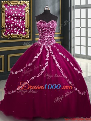 Affordable Sleeveless Brush Train Beading and Appliques Lace Up Quinceanera Gown