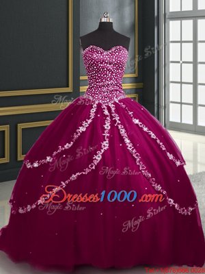 Affordable Sleeveless Brush Train Beading and Appliques Lace Up Quinceanera Gown