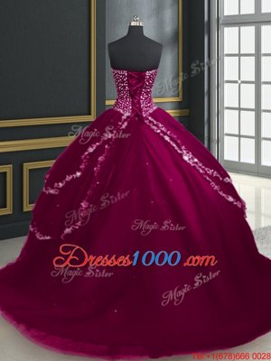 Affordable Sleeveless Brush Train Beading and Appliques Lace Up Quinceanera Gown
