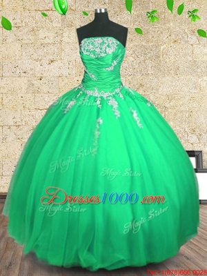 Customized Green Tulle Lace Up Sweet 16 Dresses Sleeveless Floor Length Embroidery and Ruching