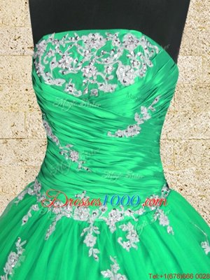 Customized Green Tulle Lace Up Sweet 16 Dresses Sleeveless Floor Length Embroidery and Ruching