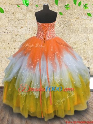 Flirting Sweetheart Sleeveless Tulle Quinceanera Gowns Beading and Ruffles and Sequins Lace Up